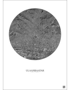 Affiche Ulaanbaatar – Poster vue satellite 6km N&B | Gravura – Fond clair