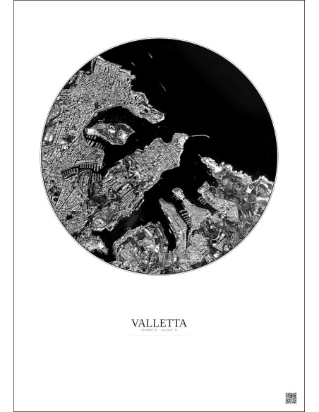 Valletta Satellite View Poster 2.5km B&W | Gravura – Light background