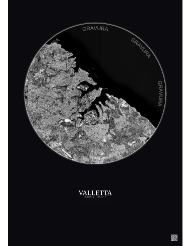 Affiche Valletta – Poster vue satellite 6km N&B | Gravura – Fond foncé