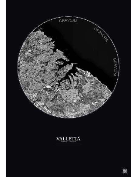 Affiche Valletta – Poster vue satellite 6km N&B | Gravura – Fond foncé