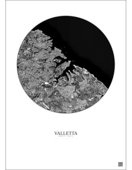 Valletta Satellite View Poster 6km B&W | Gravura – Light background