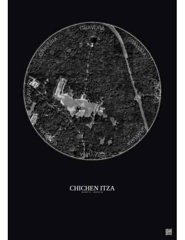 Affiche Chichen Itza – Poster vue satellite 0.5km N&B | Gravura – Fond foncé