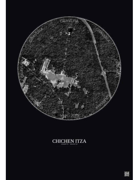 Affiche Chichen Itza – Poster vue satellite 0.5km N&B | Gravura – Fond foncé