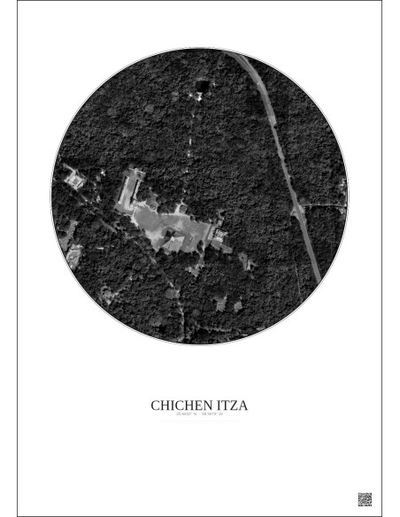 Affiche Chichen Itza – Poster vue satellite 0.5km N&B | Gravura – Fond clair