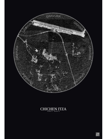 Affiche Chichen Itza – Poster vue satellite 1km N&B | Gravura – Fond foncé