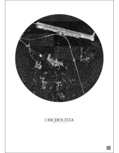 Affiche Chichen Itza – Poster vue satellite 1km N&B | Gravura – Fond clair