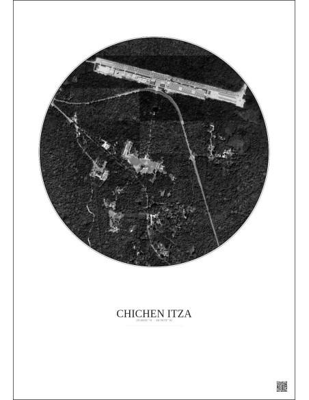 Affiche Chichen Itza – Poster vue satellite 1km N&B | Gravura – Fond clair
