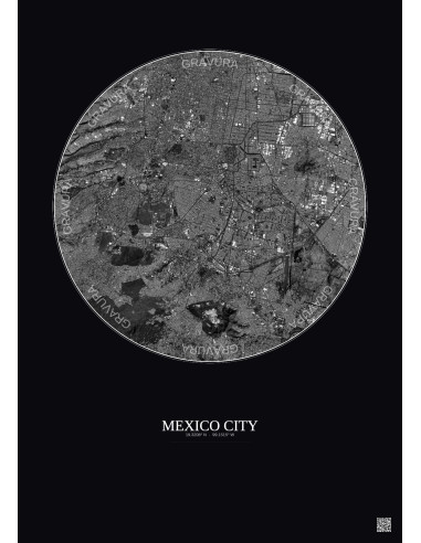 Affiche Mexico City – Poster vue satellite 10km N&B | Gravura – Fond foncé