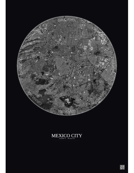 Affiche Mexico City – Poster vue satellite 10km N&B | Gravura – Fond foncé