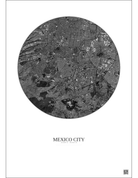 Affiche Mexico City – Poster vue satellite 10km N&B | Gravura – Fond clair