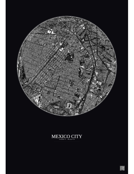 Affiche Mexico City – Poster vue satellite 2.5km N&B | Gravura – Fond foncé