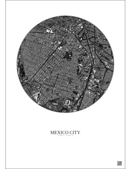 Affiche Mexico City – Poster vue satellite 2.5km N&B | Gravura – Fond clair