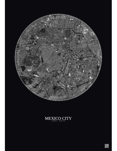 Affiche Mexico City – Poster vue satellite 6km N&B | Gravura – Fond foncé