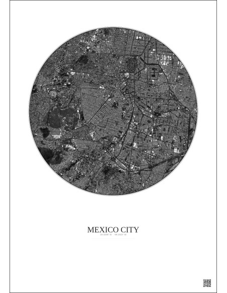 Affiche Mexico City – Poster vue satellite 6km N&B | Gravura – Fond clair
