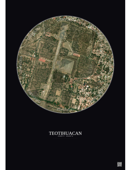 Affiche Teotihuacan – Poster vue satellite 1km Couleur | Gravura – Fond foncé