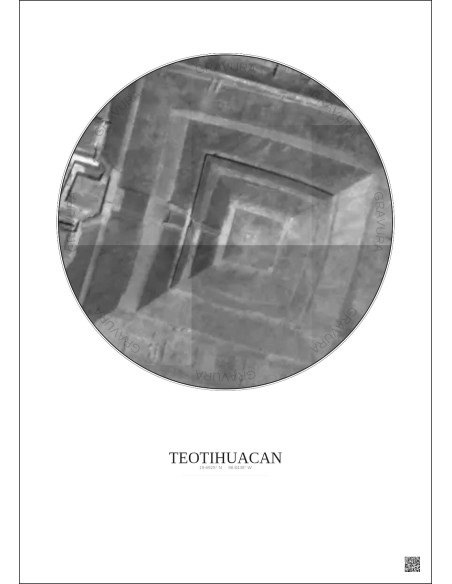 Affiche Teotihuacan – Poster vue satellite 0.1km N&B | Gravura – Fond clair