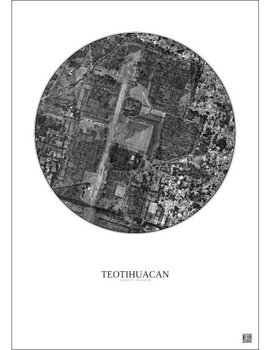 Affiche Teotihuacan – Poster vue satellite 1km N&B | Gravura – Fond clair
