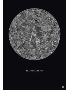 Affiche Teotihuacan – Poster vue satellite 2.5km N&B | Gravura – Fond foncé