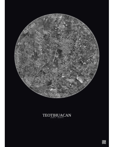 Teotihuacan Satellite View Poster 5km B&W | Gravura – Dark background