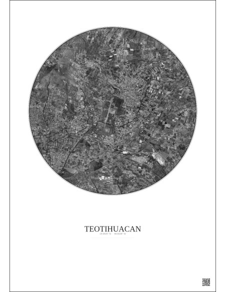 Affiche Teotihuacan – Poster vue satellite 5km N&B | Gravura – Fond clair