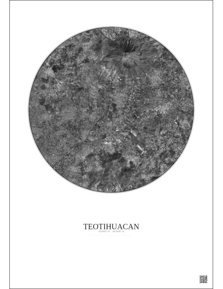 Affiche Teotihuacan – Poster vue satellite 10km N&B | Gravura – Fond clair