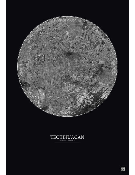Teotihuacan Satellite View Poster 30km B&W | Gravura – Dark background