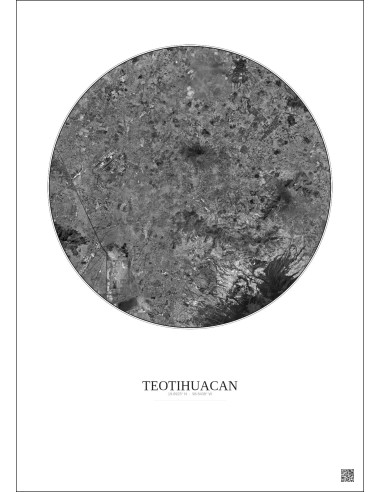Affiche Teotihuacan – Poster vue satellite 30km N&B | Gravura – Fond clair