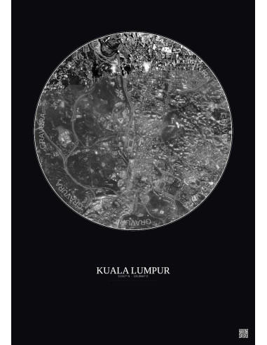 Kuala Lumpur Satellite View Poster 2.5km B&W | Gravura – Dark background