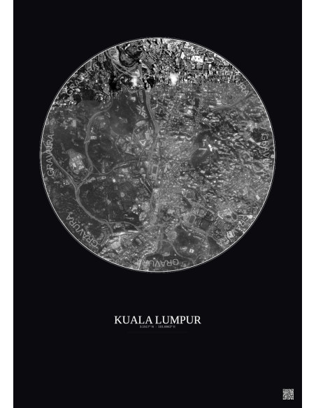 Kuala Lumpur Satellite View Poster 2.5km B&W | Gravura – Dark background