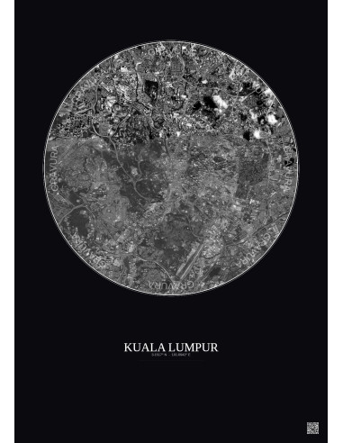 Kuala Lumpur Satellite View Poster 6km B&W | Gravura – Dark background