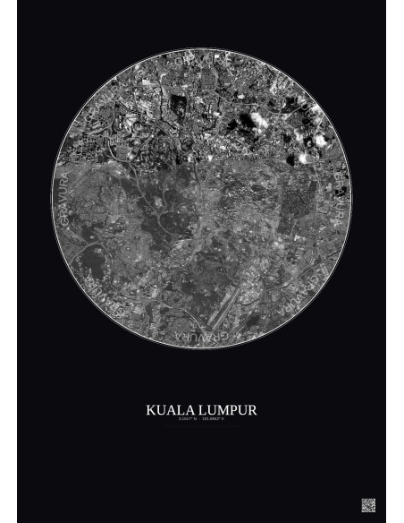 Kuala Lumpur Satellite View Poster 6km B&W | Gravura – Dark background