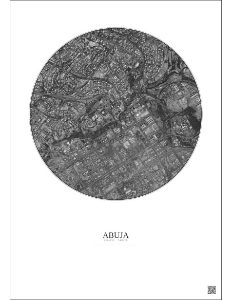 Affiche Abuja – Poster vue satellite 2.5km N&B | Gravura – Fond clair