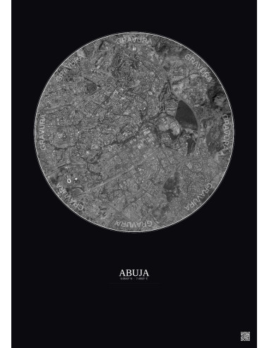 Affiche Abuja – Poster vue satellite 6km N&B | Gravura – Fond foncé