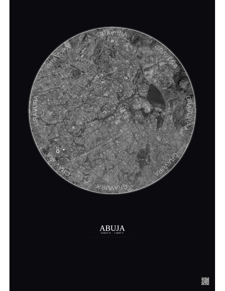 Affiche Abuja – Poster vue satellite 6km N&B | Gravura – Fond foncé