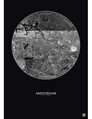 Affiche Amsterdam – Poster vue satellite 10km N&B | Gravura – Fond foncé