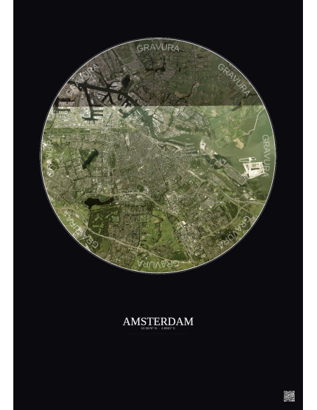 Amsterdam Satellite View Poster 10km Color | Gravura – Dark background