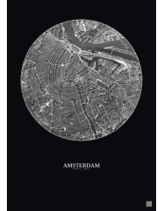 Affiche Amsterdam – Poster vue satellite 2.5km N&B | Gravura – Fond foncé