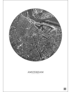Affiche Amsterdam – Poster vue satellite 2.5km N&B | Gravura – Fond clair
