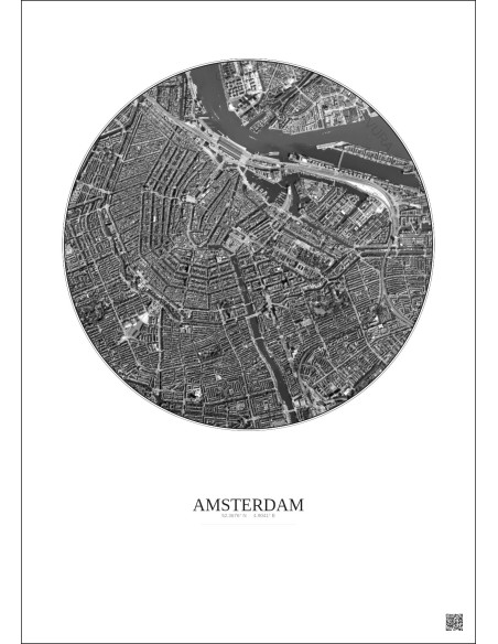 Affiche Amsterdam – Poster vue satellite 2.5km N&B | Gravura – Fond clair