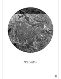 Affiche Amsterdam – Poster vue satellite 6km N&B | Gravura – Fond clair
