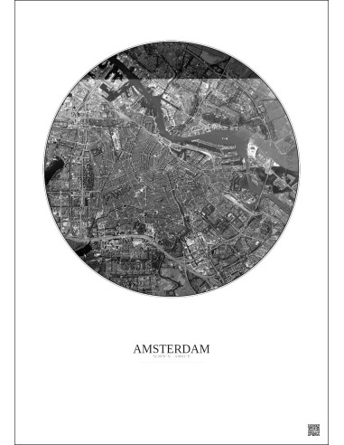 Affiche Amsterdam – Poster vue satellite 6km N&B | Gravura – Fond clair