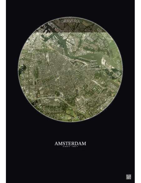 Affiche Amsterdam – Poster vue satellite 6km Couleur | Gravura – Fond foncé