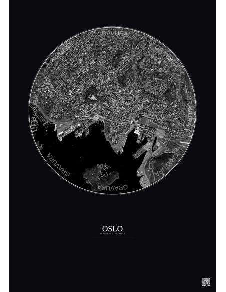 Oslo Satellite View Poster 2.5km B&W | Gravura – Dark background