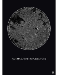 Affiche Kathmandu Metropolitan City – Poster vue satellite 10km N&B | Gravura – Fond foncé