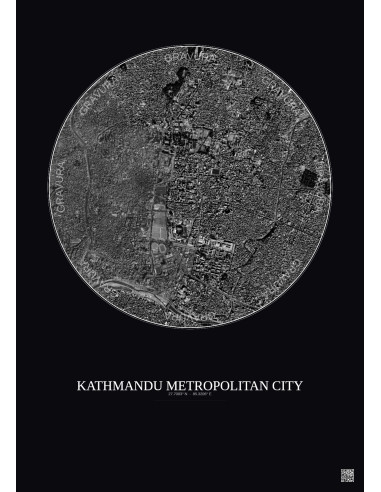 Kathmandu Metropolitan City Satellite View Poster 2.5km B&W | Gravura – Dark background