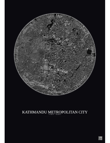 Kathmandu Metropolitan City Satellite View Poster 2.5km B&W | Gravura – Dark background