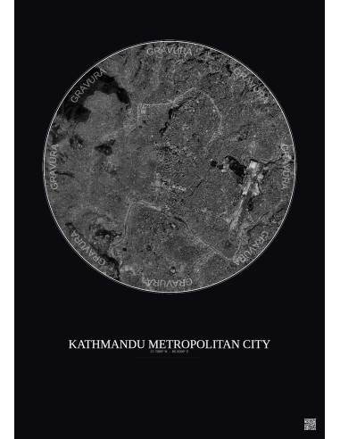 Kathmandu Metropolitan City Satellite View Poster 6km B&W | Gravura – Dark background