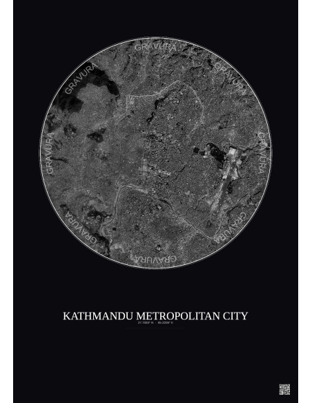 Kathmandu Metropolitan City Satellite View Poster 6km B&W | Gravura – Dark background