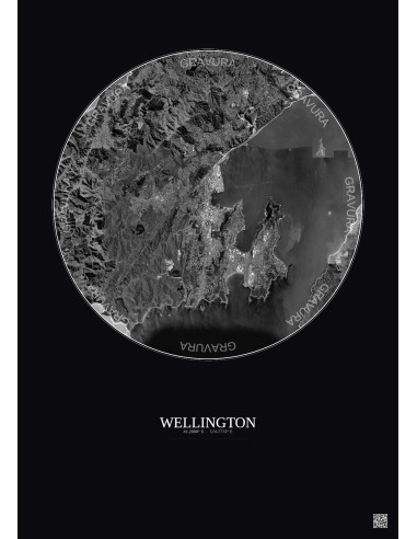 Wellington Satellite View Poster 10km B&W | Gravura – Dark background