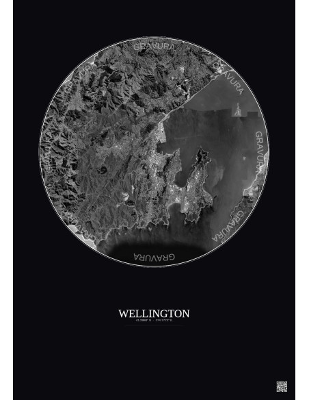 Wellington Satellite View Poster 10km B&W | Gravura – Dark background